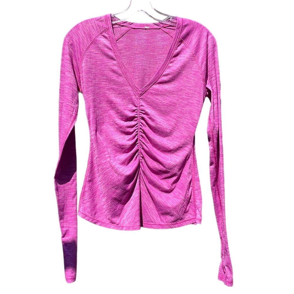 Lululemon Athletica Long Sleeve V-Neck Pink Semi Sheer Front Ruched Size 4/6 SM